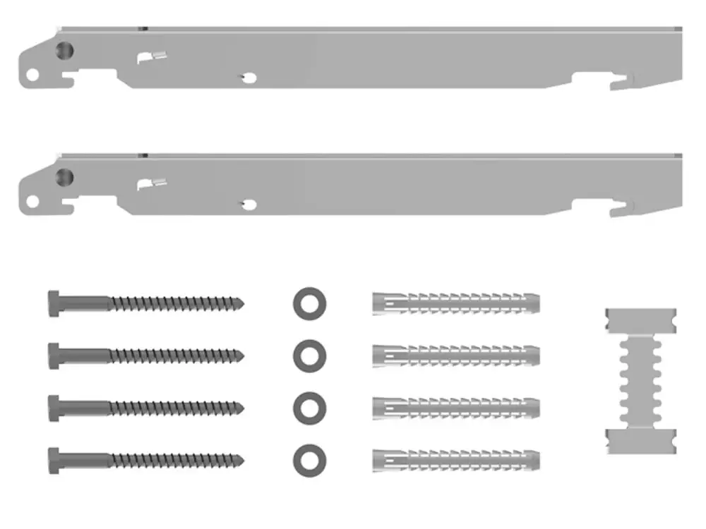 Montageset bestehend aus zwei Profilen, Schrauben, Unterlegscheiben und Dübel, geeignet für die Installation von Kermi-Produkten.